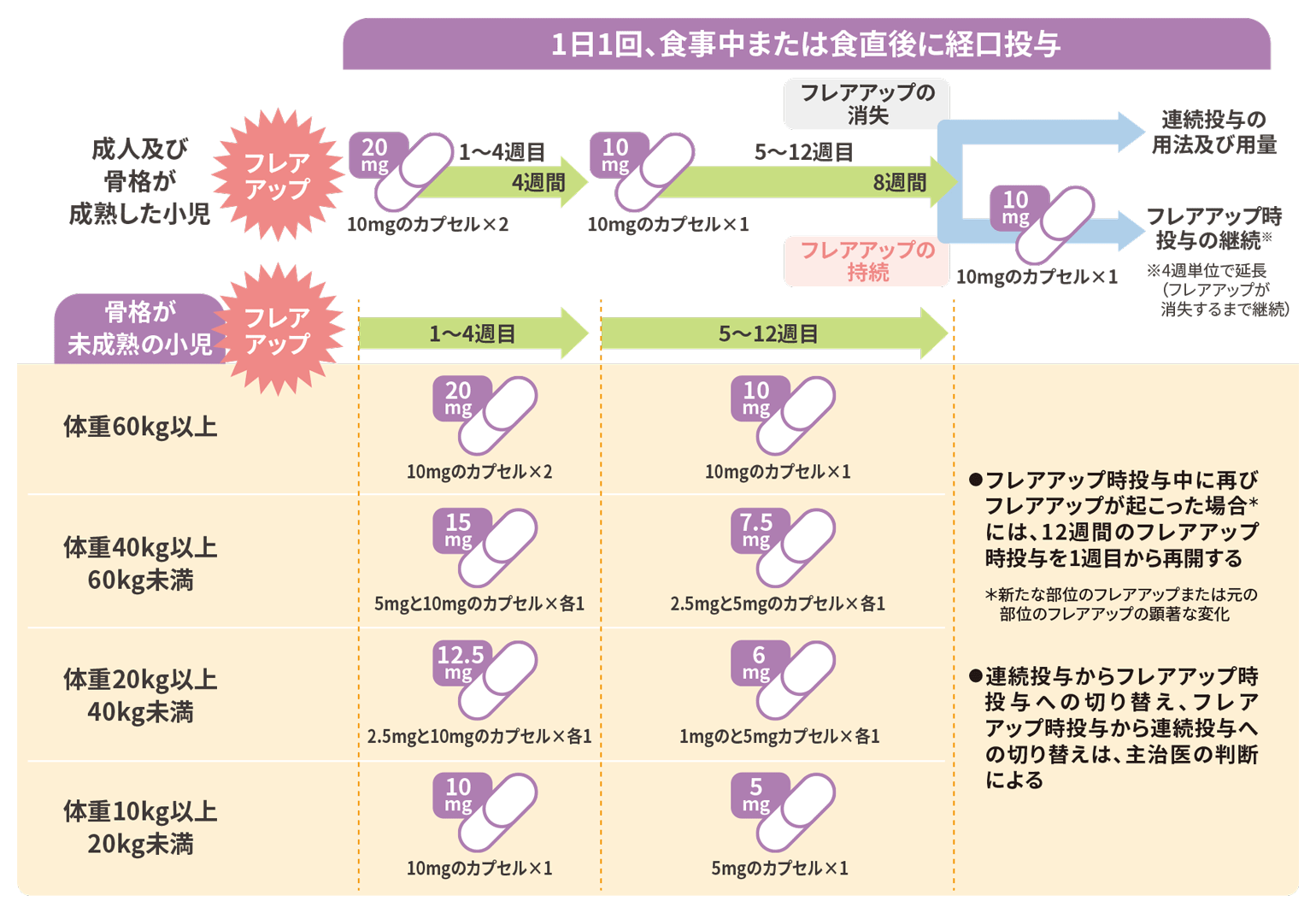 通常用量におけるフレアアップ時の投与スケジュール図。成人・小児（体重別）ごとの1〜4週目と5〜12週目の設定用量、カプセル構成、症状の消失・持続による投与の分岐、および再開や切り替えに関する注記が記載されています。