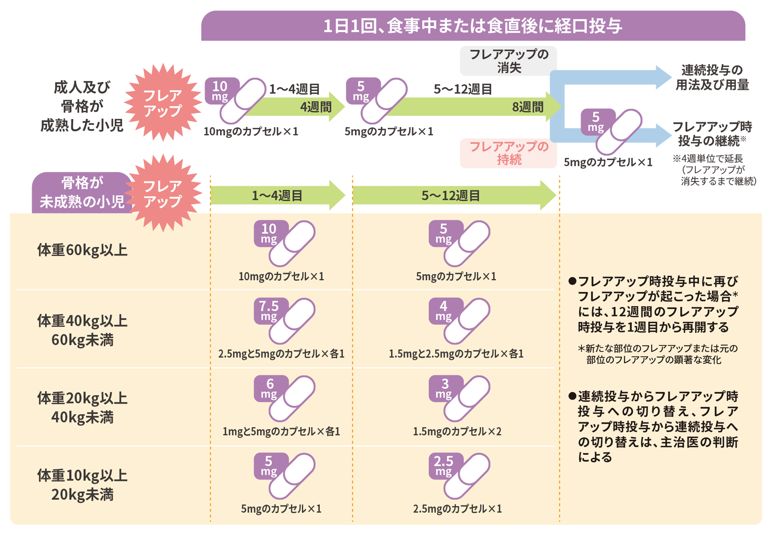中程度のCYP3A阻害剤併用時におけるフレアアップ時の投与スケジュール図。成人・小児（体重別）ごとの1〜4週目と5〜12週目の用量、カプセル構成、症状の消失・持続による投与の分岐、および再開や切り替えに関する注記が記載されています。